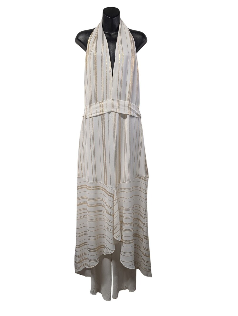 Jennifer Lopez White Gold Metallic Stripe Halter Maxi Dress Women's XL V-neck
